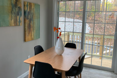 Inspiration for a mid-sized contemporary dark wood floor, brown floor, tray ceiling and wainscoting dining room remodel in Boston with white walls