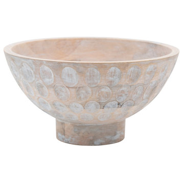 Mango Wood Footed Bowl with Carved Circle Accents and Whitewashed Finish