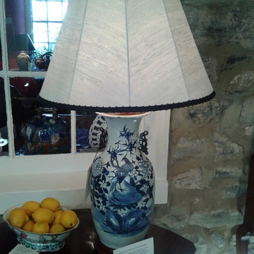 Blue & white chinese porcelain lamp with stretched raw silk shade trimmed in a b