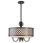 Livex Lighting - Livex Lighting Arabesque English Bronze Light Pendant Chandelier - Our Arabesque four light pendant with down light will add refined style and a hint of mystery to your decor. The oatmeal fabric hardback shade creates a warm illumination, while the light brings to life the intricate English bronze cutout pattern.