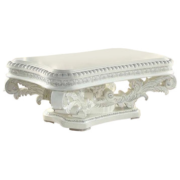 Benzara BM276274 Coffee Table, Raised Scrolled Pedestal, Ornate Motif, White