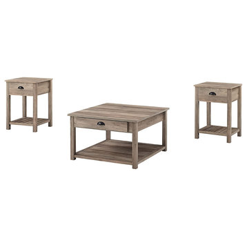 3 Pieces Coffee Table Set, Grooved Lower Open Shelf & Storage Drawer, Grey Wash