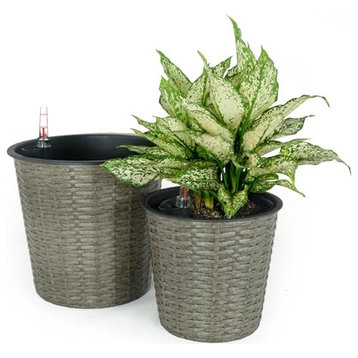 2-Pack Catleza Self-watering Wicker Decor Planter for Indoor and Outdoor - Round, Gray