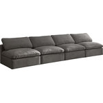 Meridian Furniture - Plush Velvet / Down Standard Comfort Modular Sofa, Gray, 4-Piece: 4 Armless Chair - No matter how big or little the size of your gang, they can all find their sweet spot when you choose pieces from the Plush collection to build your ideal seating group. Choose this individual Plush piece or pair multiple pieces together to get the custom look everyone will love. The soft grey velvet material is soft and welcoming to the touch, and the set's cushions are overstuffed with a down and feather blend to provide ample support for tired bodies.