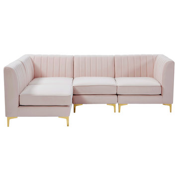 Alina Velvet Upholstered 4-Piece L-Shaped Modular Sectional, Pink