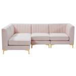 Meridian Furniture - Alina Velvet Modular L-Shaped Modular Sectional, Pink, 4-Piece: 2 Armless Chair, 2 Corner Chair - Bring modern beauty to your space with the addition of this Alina Velvet Modular sectional. This beautiful sectional features deep channel tufting to ramp up its visual interest and add to its resilient demeanor. Its soft Pink velvet upholstery blends nicely with existing elements in your room and is sleek to the touch, making this seat a super comfortable one. Part of the modular Alina collection, this sectional has a latch that attaches it to other pieces to create your custom seating arrangement.