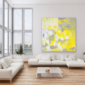 48x48 IN yellow white abstract Art oversized Modern Painting - Sunset Glow
