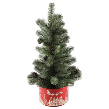 24"H Christmas Tree in 7" Red Cityscape Ceramic Pot