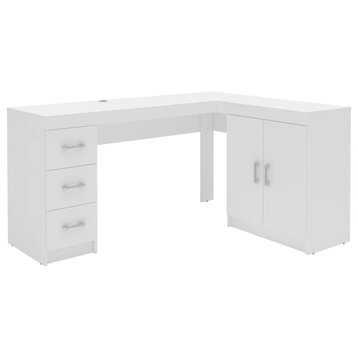 Modern L-Shaped Desk, Spacious 2 Doors Cabinet & 3 Storage Drawers, Pure White