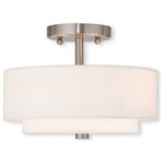Livex Lighting - Ceiling Mount With Handcrafted Off-White Fabric Hardback Shade, Brushed Nickel - The sleek style and simple design of this semi flush mount makes it easy to use in any space. The double hand crafted off white fabric hardback fabric drum shade and satin white hardened glass diffuser blend for a clean look.