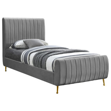 Zara Channel Tufted Velvet Upholstered Bed With Custom Gold Legs, Gray, Twin