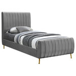 Meridian Furniture - Zara Channel Tufted Velvet Upholstered Bed With Custom Gold Legs, Gray, Twin - Slip into the lap of luxury with this Zara Velvet Bed. This beautiful twin bed is padded to the max on its headboard and footboard for a look that is nothing short of upscale. The luxe design is amplified by the bed's rich grey velvet upholstery and its deep detailed channel tufting, which also serves to keep the interior padding aloft, full, and comfortable while you relax or unwind in bed. The bed has gold legs for a regal touch, and it comes with slats, so it doesn't require a box spring.