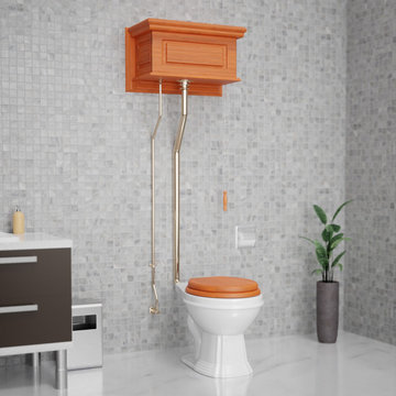 High Tank Toilet Raised Elongated L-Pipe Dark Oak Finish, White, Brass