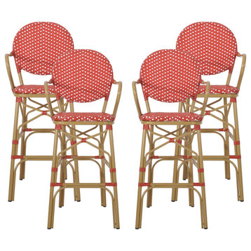Danberry Outdoor 29.5" French Barstools, Set of 4, Bamboo Print Finish/Red/White