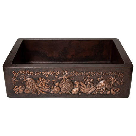 33" Farmhouse One Bowl Fruits Apron Hammered Copper Kitchen Sink, 16 Gauge