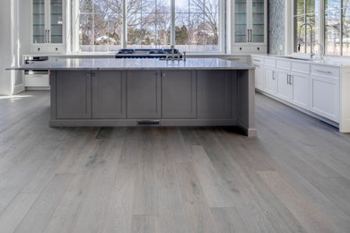 Example of a mid-sized transitional galley dark wood floor and gray floor kitchen design in Chicago with a single-bowl sink, beaded inset cabinets, white cabinets, marble countertops, mosaic tile backsplash, colored appliances, an island and gray countertops