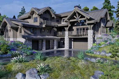 Diseño de fachada de casa gris y gris rural grande de tres plantas con revestimiento de madera, tejado a dos aguas, tejado de teja de madera y teja