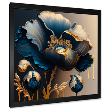 Deep Blue And Gold Single Flower V Framed Print, 24x24, Black