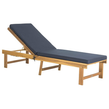 Classic Patio Chaise Lounge, Acacia Wood Frame and Polyester Seat, Natural/Navy