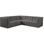 Meridian Furniture - Relax Velvet Upholstered 5-Piece L-Shaped Modular Sectional, Grey - Bolster a contemporary vibe in your living room with this Relax grey modular sectional. Soft grey velvet upholstery offers delicate comfort, making this sectional cozy for anyone who sits in it. Biscuit tufting gives this sectional texture and a modern style, adding extra comfort and elegance to your living space. It's modular design allows you to create infinite configurations, making it a versatile piece to add to your home. A latch underneath the sectional makes it easy to attach to other pieces.