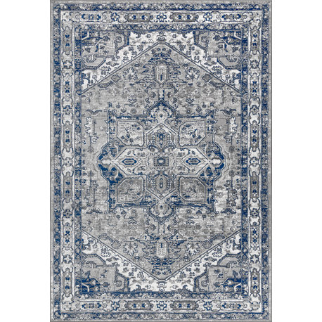 Modern Persian Vintage Medallion Light Grey/Navy 5' x 8' Area Rug