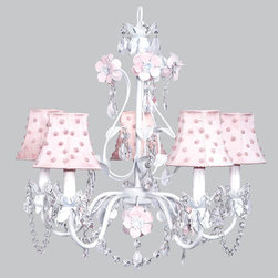 5-Light-Chandelier-in-White-and-Pink-Shades-with-Pink-Pearl-Dot-Flower-Garden - Chandeliers
