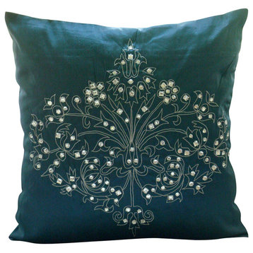 Damask Teal Blue Pillow Shams, Art Silk 24"x24" Pillow Shams, Teal Damask
