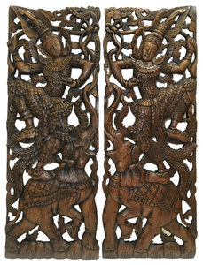Large Carved Wood Panel, Oriental Home Decor, Set of 2