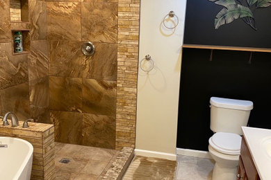 Example of a mid-sized ceramic tile, beige floor and double-sink bathroom design in Other