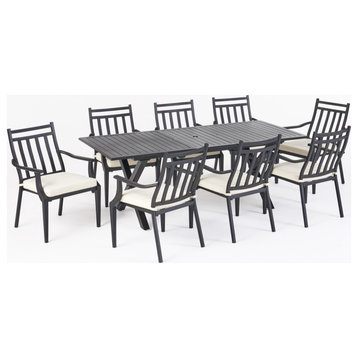 Laila Outdoor 9 Piece Dining Set With Expandable Table, Beige and Black
