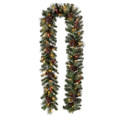 9'L Pre-Lit Glittered Pine Cone Christmas Garland With LED Light