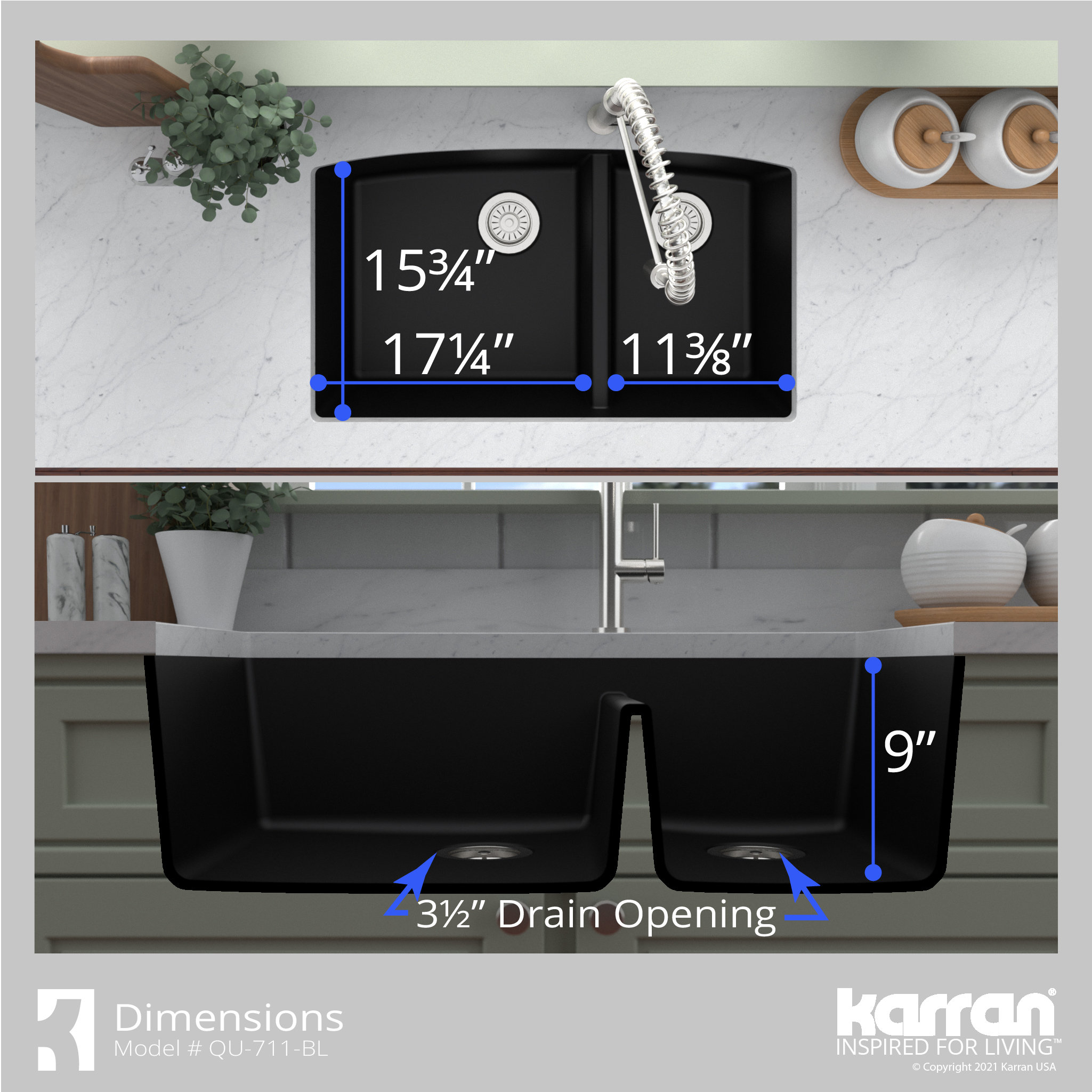 Karran Undermount Quartz 32" 60/40 Double Bowl Kitchen Sink, Black