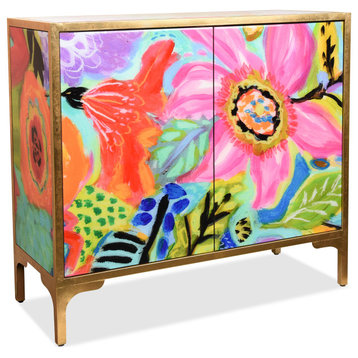Secret Garden Floral II Cabinet Console Table on Beveled Art Glass, Frame