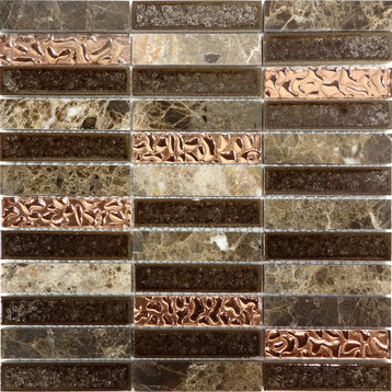Emperador Marble Metallic Copper Glass Crackle Mosaic Tile, 12"x12"