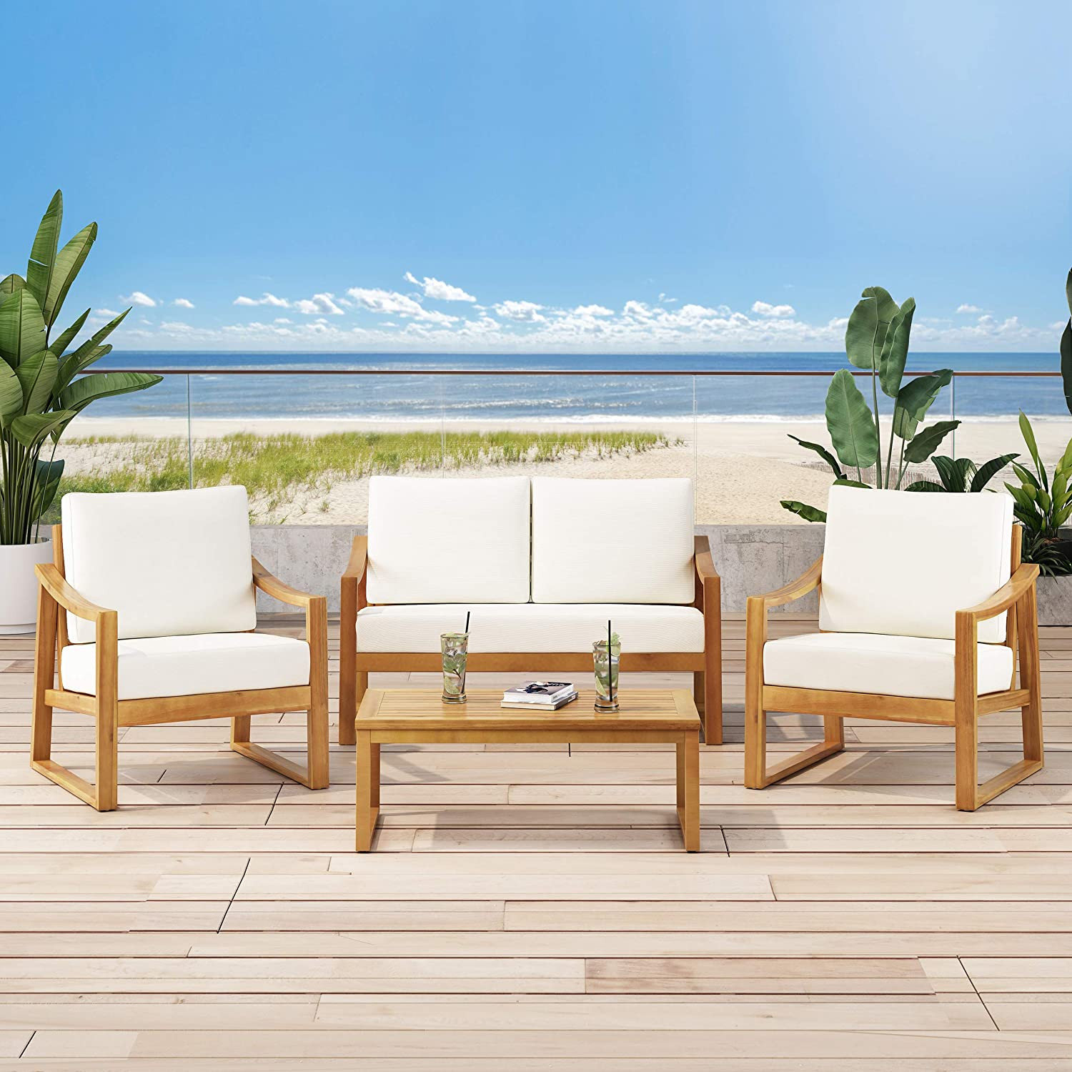 Acacia Wood 4-Piece Patio Set with Cushioned Seating and Matching ...