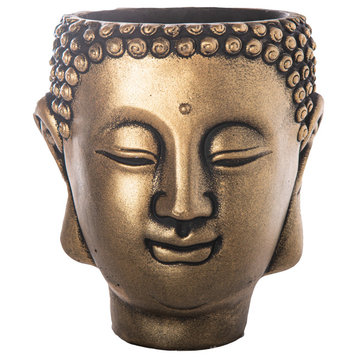 Round Cement Buddha Head Pot Washed Painted Gold Finish, Medium