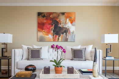 Living room library - large transitional open concept medium tone wood floor and brown floor living room library idea in DC Metro with beige walls, no fireplace, a brick fireplace and a media wall