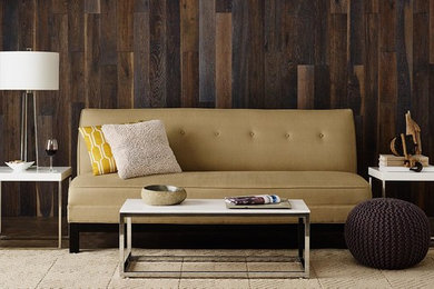 Mid-sized trendy formal and open concept dark wood floor and brown floor living room photo in Houston with brown walls