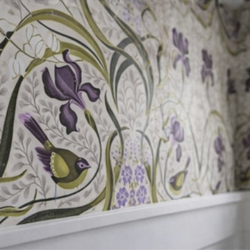 Botanical Wallpaper Detail in Dramatic Powder Room