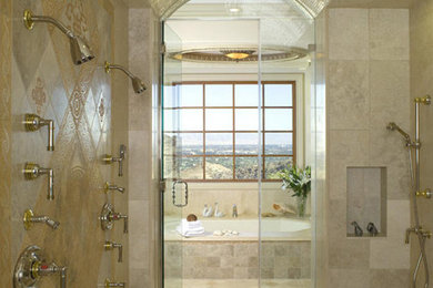 Large tuscan master beige tile and ceramic tile bathroom photo in DC Metro with beige walls