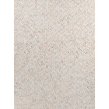 Mosaic Leather Cowhide Ivory Area Rug, 5'x8'