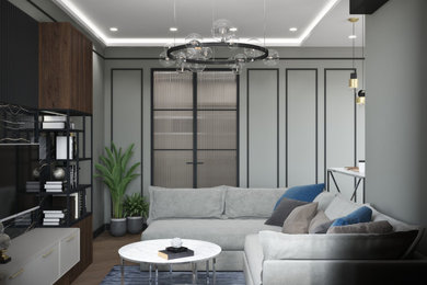 Свежая идея для дизайна: гостиная комната в современном стиле с серыми стенами, паркетным полом среднего тона, телевизором на стене, зоной отдыха и ковром на полу - отличное фото интерьера
