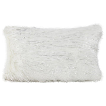 Christmas Decor Faux Fur with Silver Lurex Thread Throw Pillow, White, 12"x20"