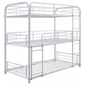 Triple Twin Bunk Bed, Metal Frame With Safety Guard Rails & 2 Ladders, White