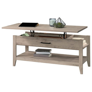 Transitional Coffee Table, Lift Up Top With Lower & Side Shelves, Laurel Oak