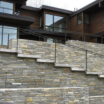 Smokey Gold Real Thin Stone Veneer Outdoor Stairwell