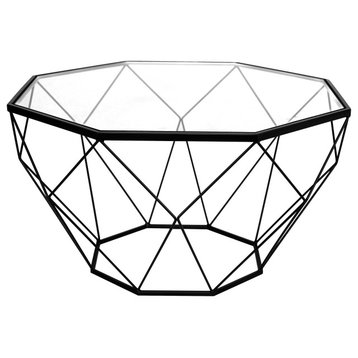 LeisureMod Malibu Modern Geometric Glass Top Coffee Table, Black