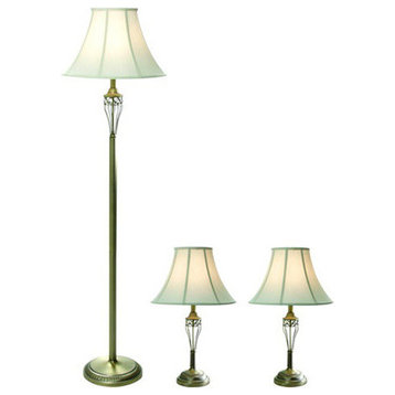 Antique Brass 3-Pack Lamp Set, 2 Table Lamps, 1 Floor Lamp