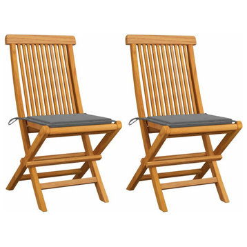 vidaXL Patio Chairs 2 Pcs Folding Chair with Gray Cushions Solid Wood Teak