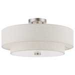 Livex Lighting - Meridian 4 Light Brushed Nickel Semi-Flush - The sleek style and simple design of this semi flush mount, makes it easy to use in any space. This 4 light fixture features an oatmeal fabric hardback drum shade with a satin white acrylic diffuser.